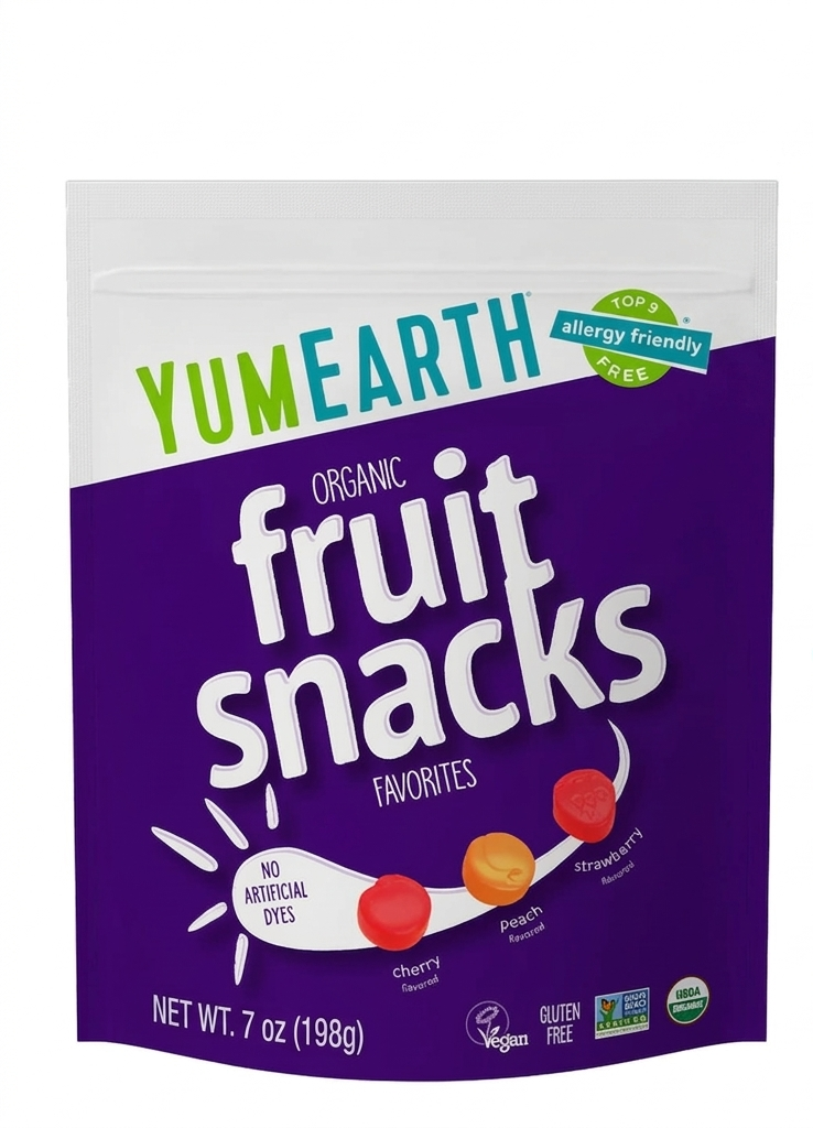 Fruit Snacks | Strawberry, Cherry, Peach Flavour - USDA Organic - Vegan, Gluten Free, Non GMO &amp; No High Fructose Corn Syrup Or No Artificial Dyes - Yum Earth - 142gm