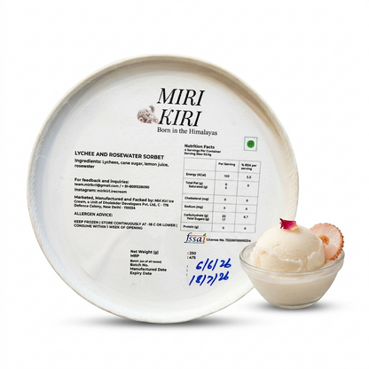 Lychee And Rosewater Sorbet- Dairy Free - Sweetened with Cane Sugar - Miri Kiri – 250gm