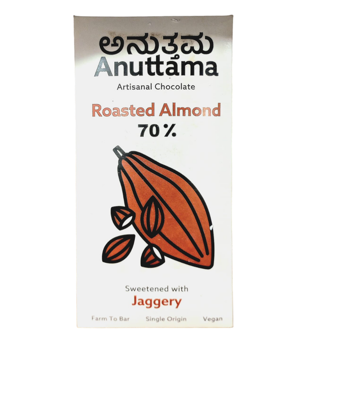 Chocolate | Roasted Almond (Sweetened With Jaggery) - 70% Cocoa - Farm To Bar - Single Origin - Vegan, No Added Preservatives &amp;amp; No Added Artificial Flavours - Anuttama Artisanal Chocolate – 50gm