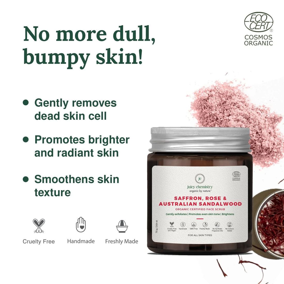 Saffron, Rose &amp; Australian Sandalwood Organic Face Scrub - Juicy Chemistry - 75gm