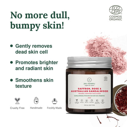 Saffron, Rose &amp; Australian Sandalwood Organic Face Scrub - Juicy Chemistry - 75gm