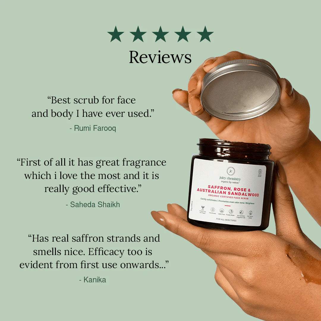 Saffron, Rose &amp; Australian Sandalwood Organic Face Scrub - Juicy Chemistry - 75gm