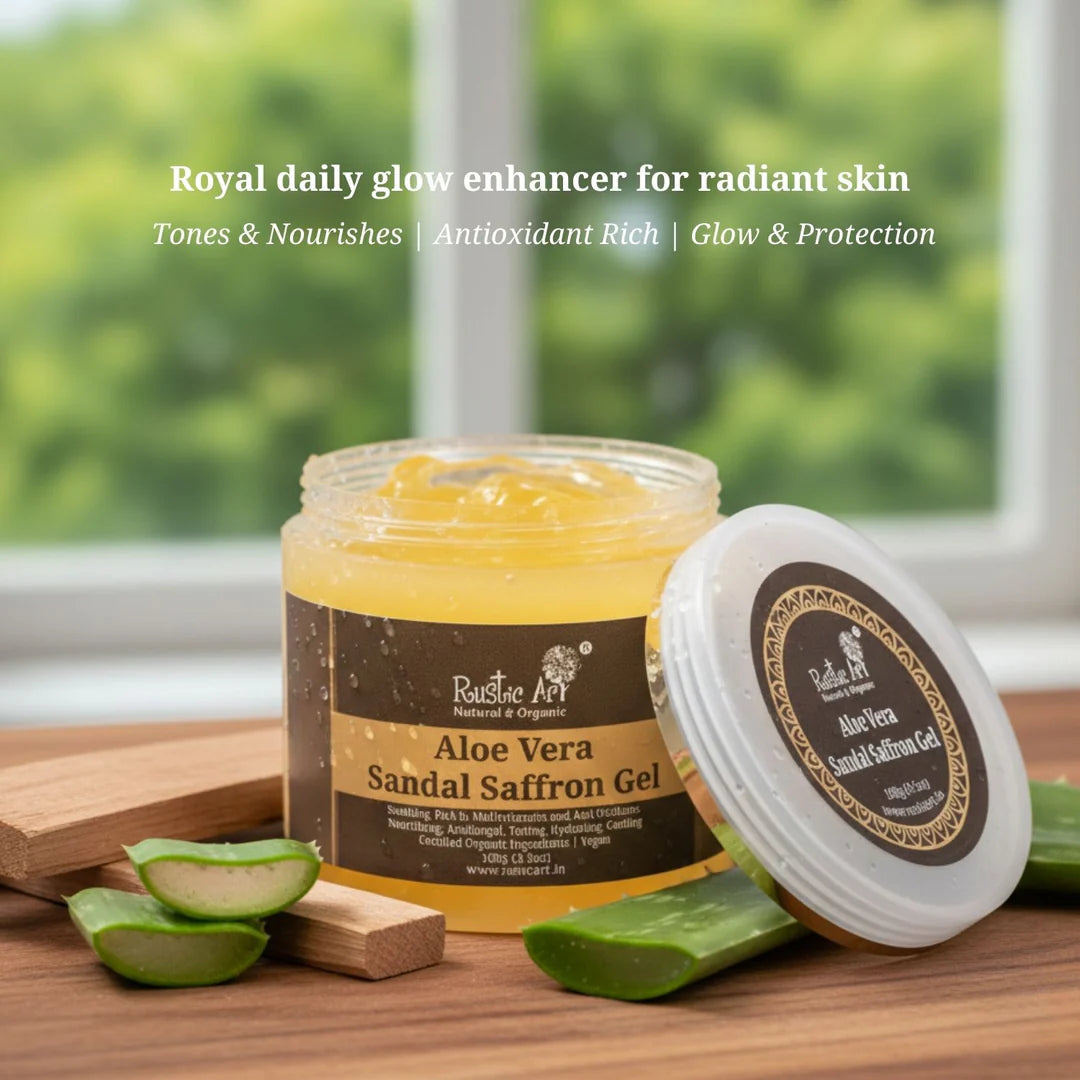 Aloe Vera Sandal Saffron Gel - Natural &amp; Organic - Vegan - Rustic Art - 100gm