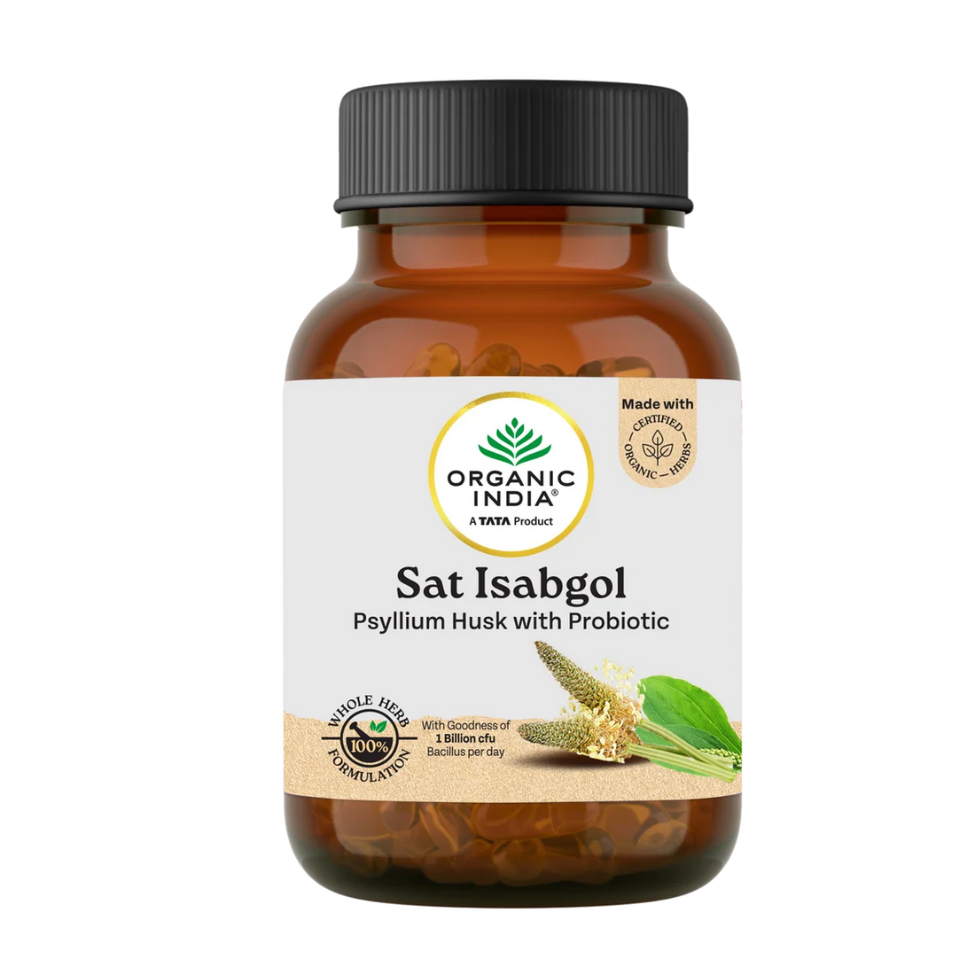 Sat Isabgol (Psyllium Husk with Probiotic) -Supports healthy gut microbiome ,Improve Digestion -No Artificial Additives- Organic Wellness - 60 Vegetarian Capsules