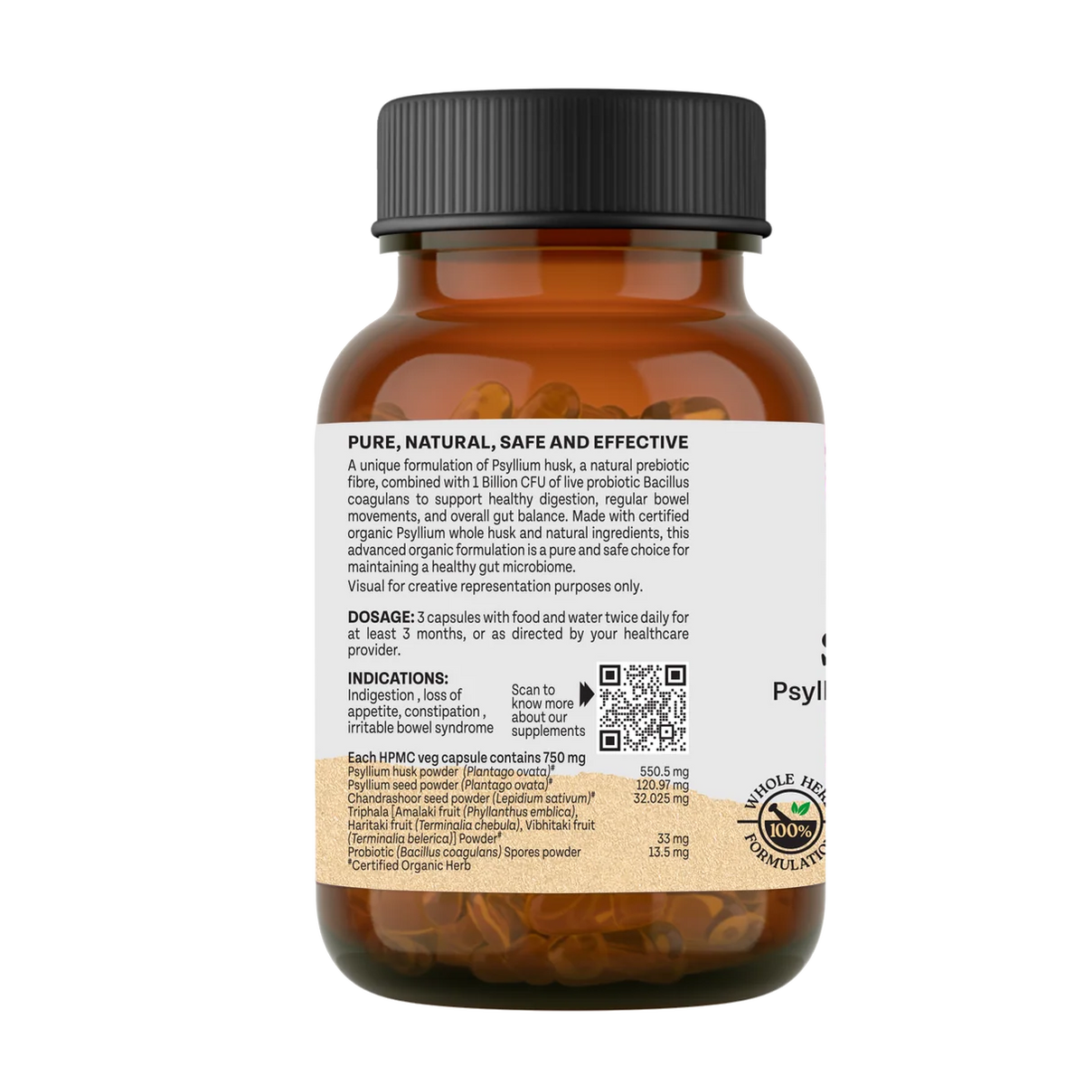 Sat Isabgol (Psyllium Husk with Probiotic) -Supports healthy gut microbiome ,Improve Digestion -No Artificial Additives- Organic Wellness - 60 Vegetarian Capsules