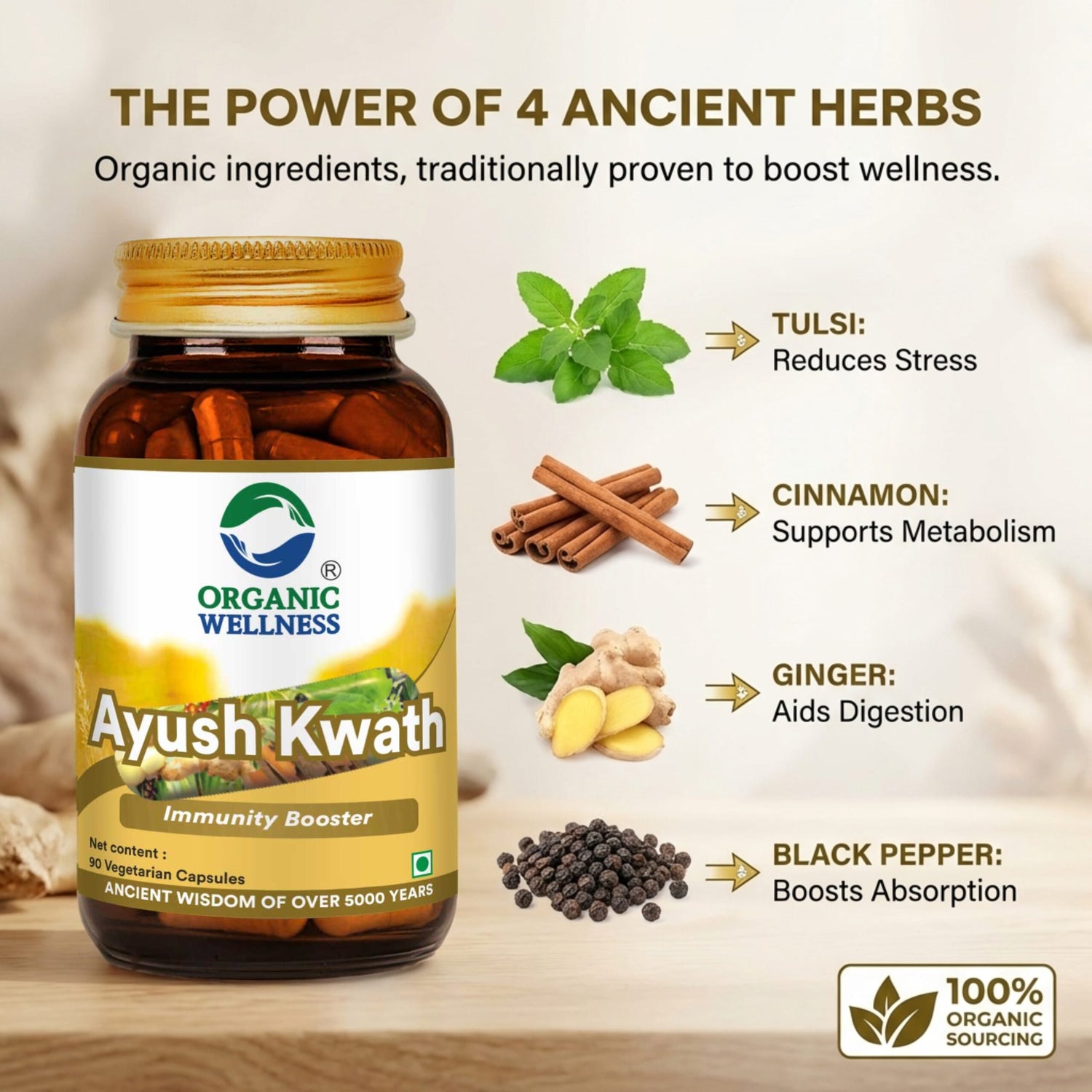 Ayush Kwath (Immunity Boost) -No Artificial Additives- Organic Wellness - 90 Vegetarian Capsules