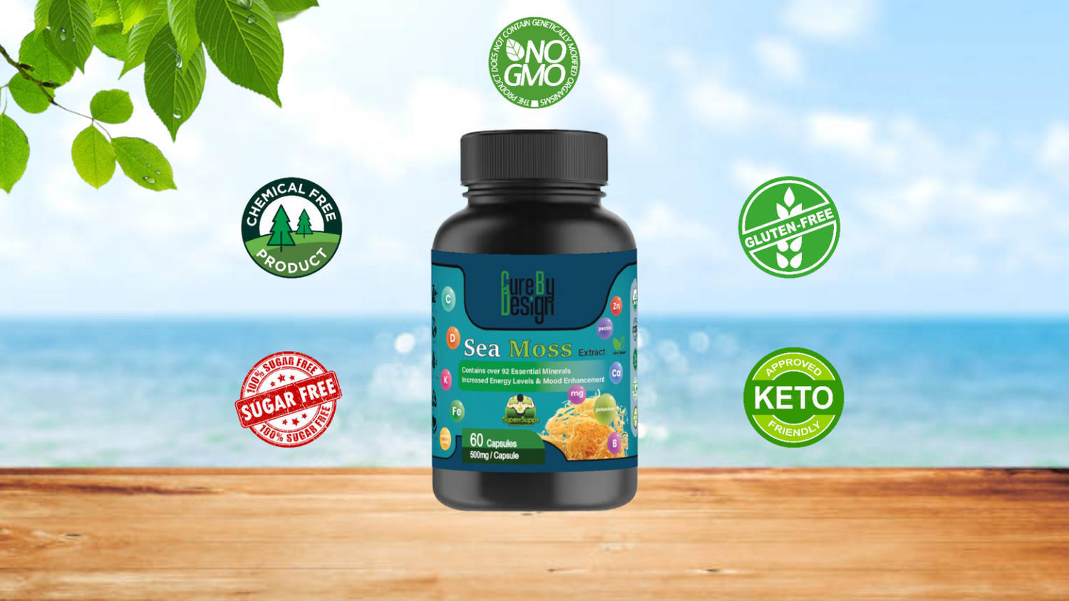 Sea Moss Extract |  USDA Organic - Contains Over 92 Essential  - Increase Energy Levels &amp; Mood Enhnacemnet - Cure By Design - 500mg - 60 Capsules