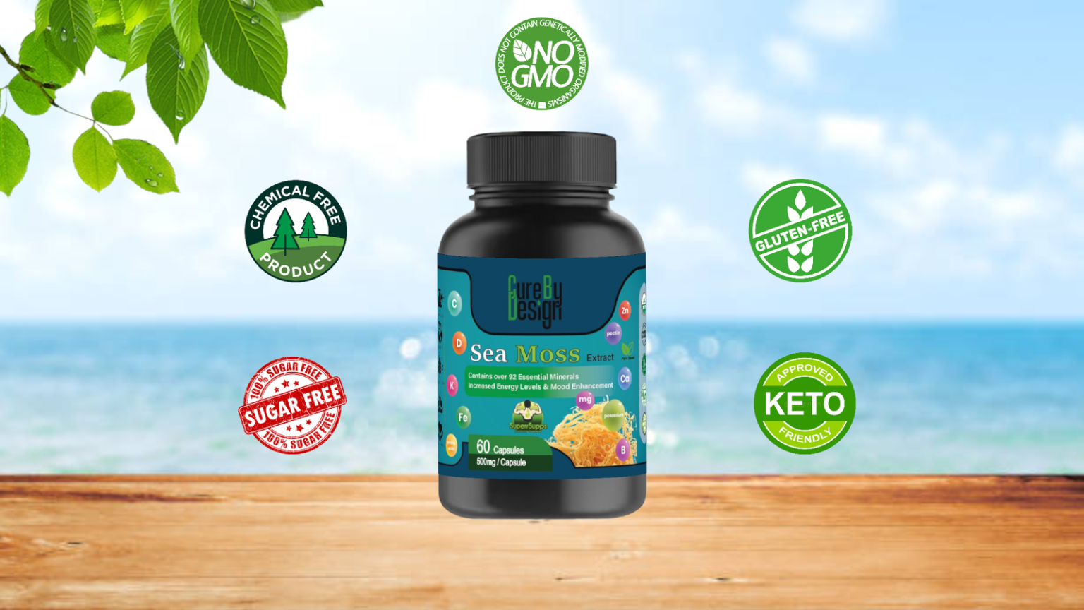 Sea Moss Extract |  USDA Organic - Contains Over 92 Essential  - Increase Energy Levels &amp; Mood Enhnacemnet - Cure By Design - 500mg - 60 Capsules