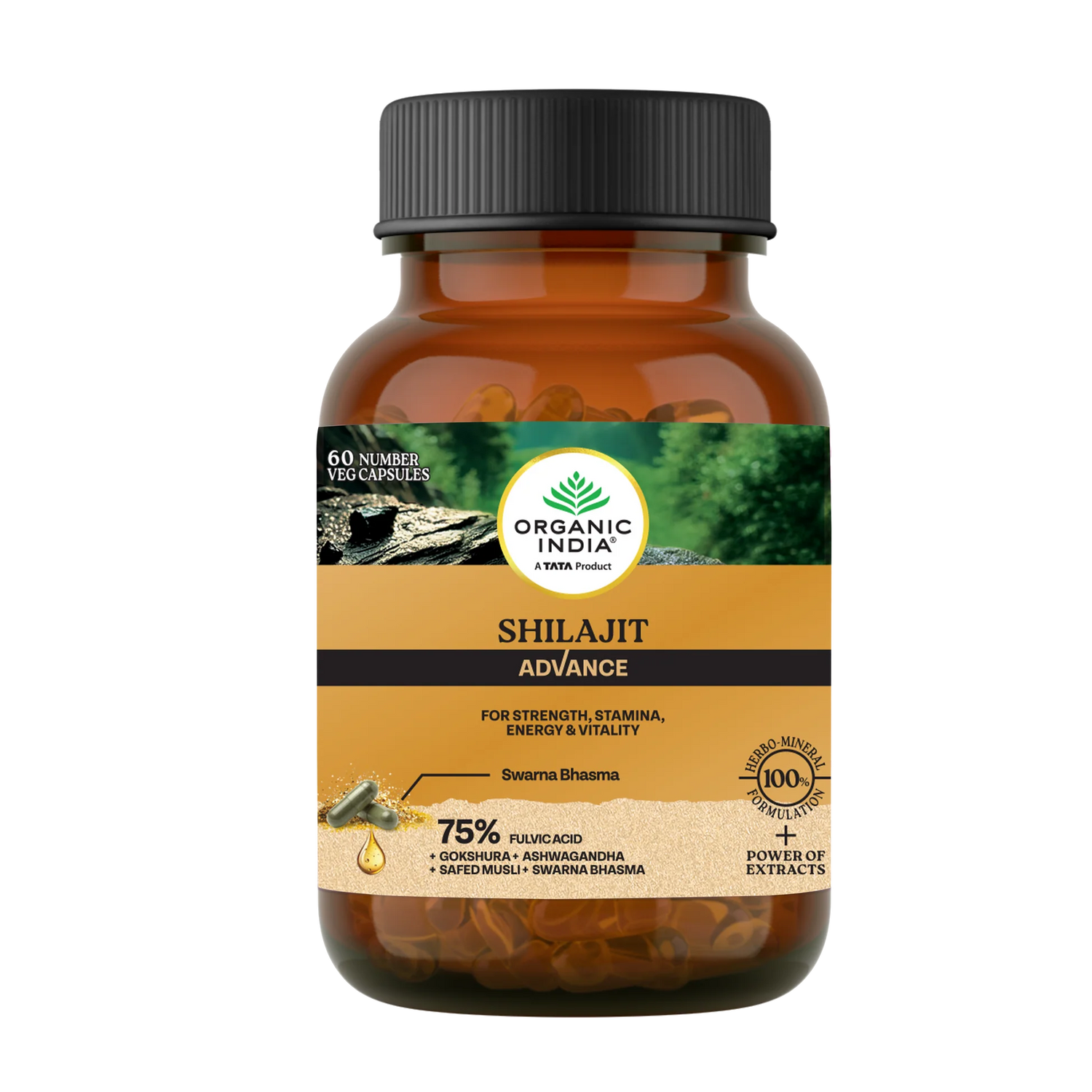 Shilajit Advance -Pure Shilajit 100% Pant Based - 75% Fulvic Acid -For Strength, Stamina, Energy &amp; Vitality- Herbo Mineral - No Additives, Fillers &amp; Preservatives Free - Organic India -60 Capsules