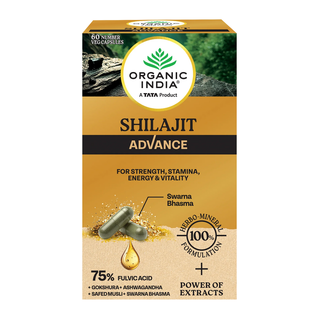 Shilajit Advance -Pure Shilajit 100% Pant Based - 75% Fulvic Acid -For Strength, Stamina, Energy &amp; Vitality- Herbo Mineral - No Additives, Fillers &amp; Preservatives Free - Organic India -60 Capsules
