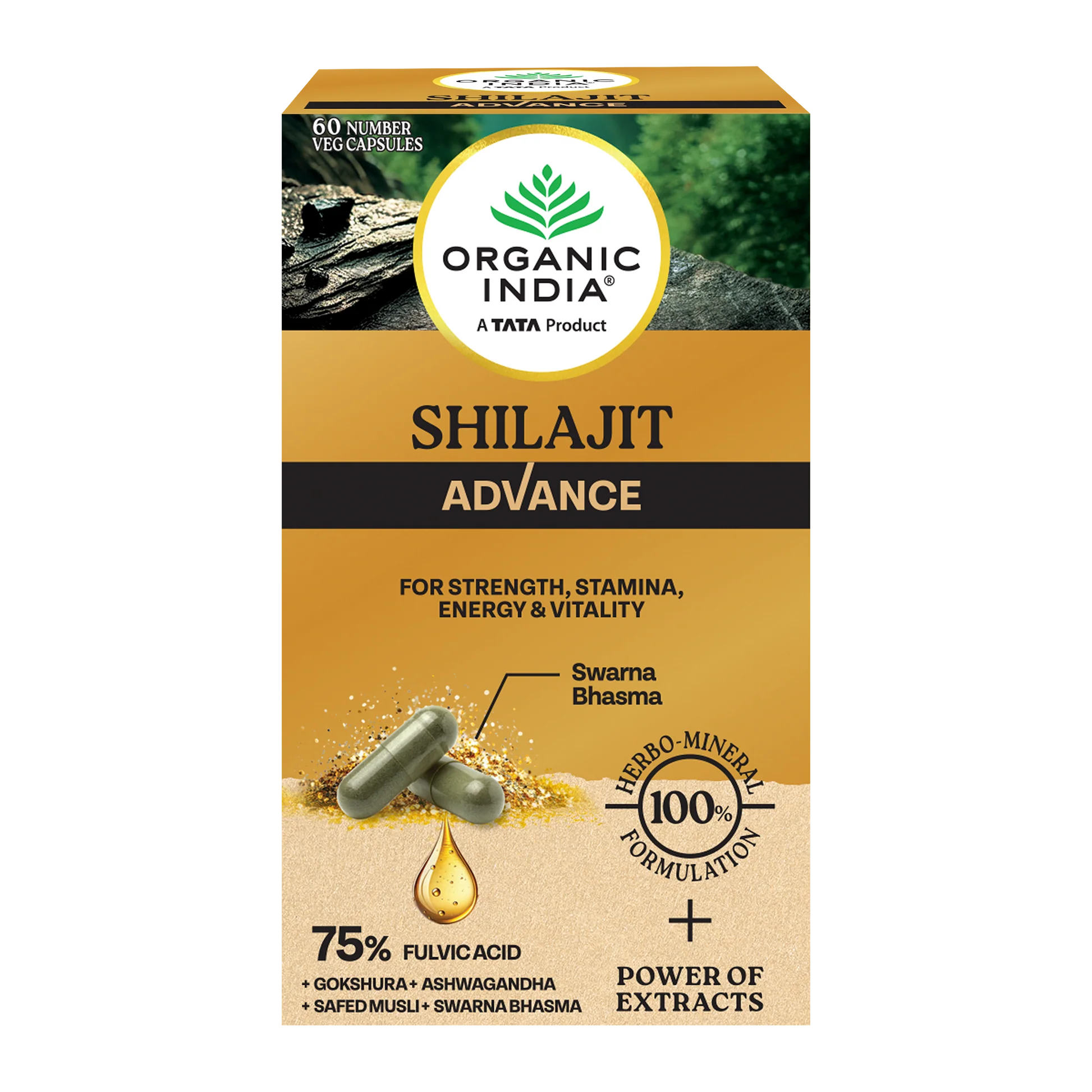 Shilajit Advance -Pure Shilajit 100% Pant Based - 75% Fulvic Acid -For Strength, Stamina, Energy &amp; Vitality- Herbo Mineral - No Additives, Fillers &amp; Preservatives Free - Organic India -60 Capsules