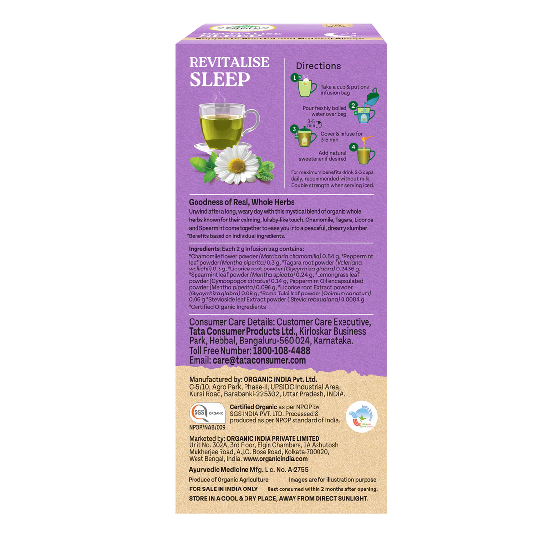 Tea| Revitalise Sleep (Whole Herbs) - Supports Restful &amp; Natural Sleep - 100% Plant Based  – Certified Organic - Caffeine free- Organic India-25 Tea Bag