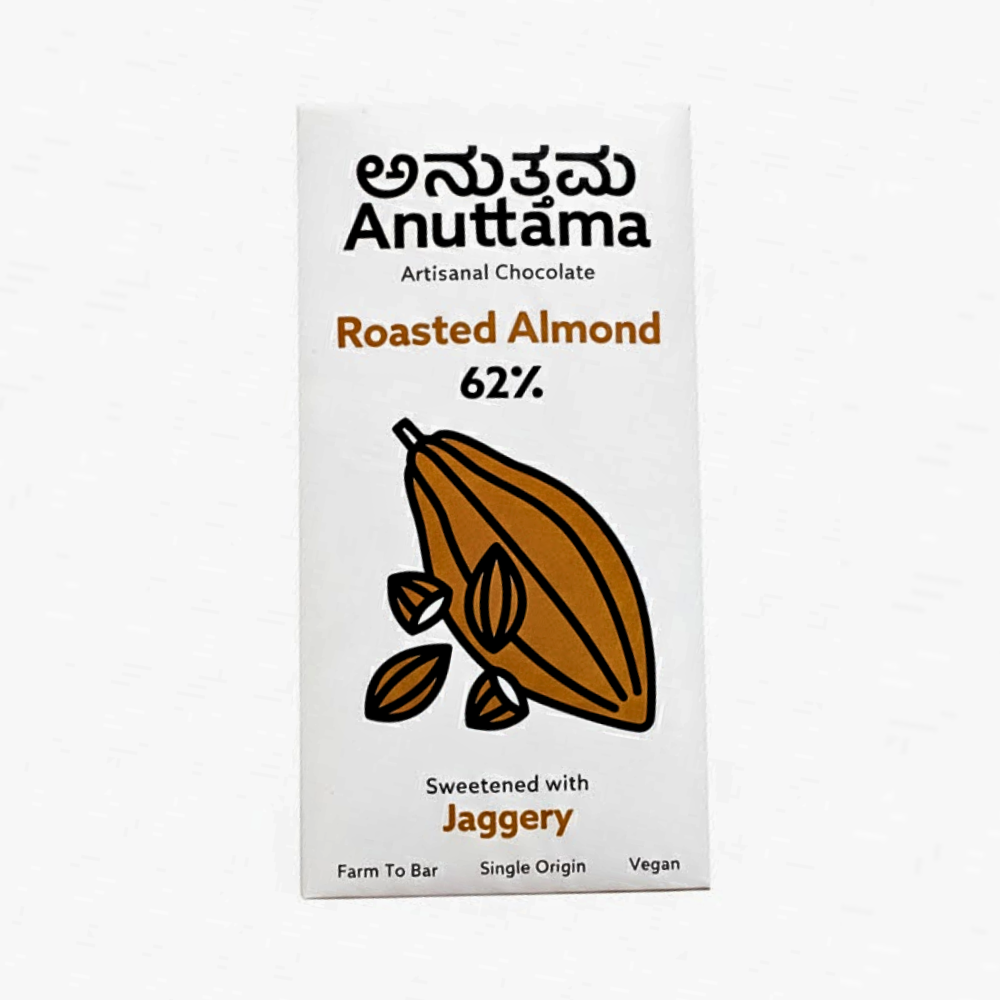 Chocolate | Roasted Almond (Sweetened With Jaggery) – 62% Cocoa - Farm To Bar – Single Origin – Vegan, No Added Preservatives & No Added Artificial Flavours – Anuttama Artisanal Chocolate – 50gm
