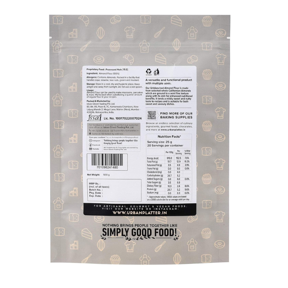 Almond Flour  | California - Unblanched (With Skin) - Baking Essentials - Gluten Free - Urban Platter - 500gm