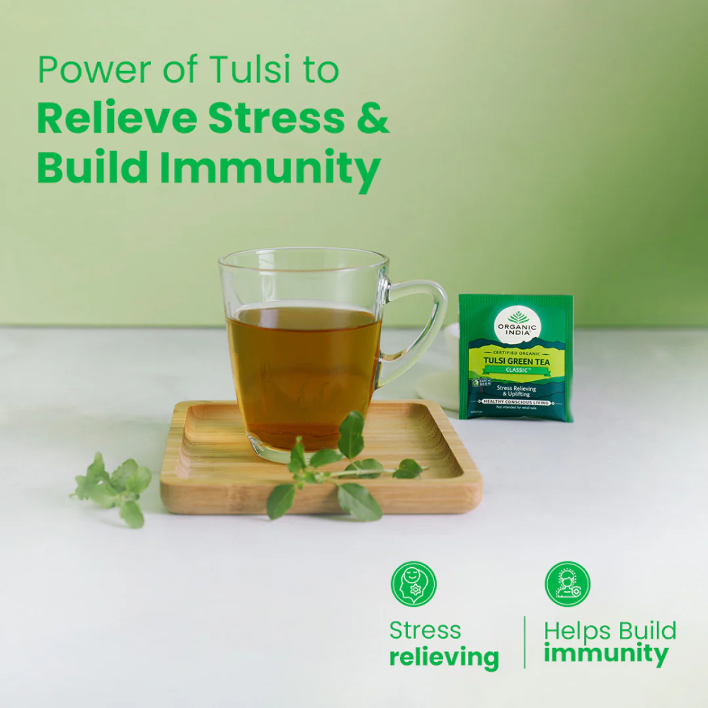 Tulsi Green Tea - Classic – Certified Organic - Stress Relieving &amp; Uplifting - Organic India-50 Tea Bag