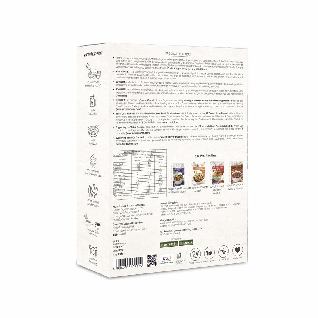 Muesli | Sugar Free Dates & Millet Muesli (Made With Ethical & Natural Ingredients) – Natural – Gluten Free, No Added Sugar, No Preservatives & No Artificial Flavour – So Millet – 250gm