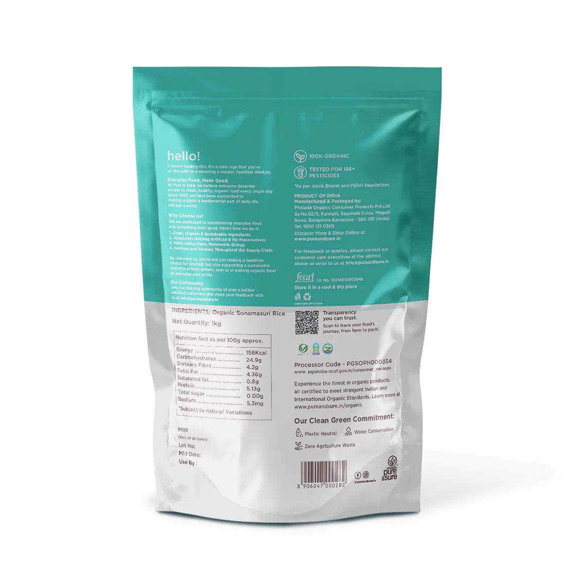 Rice | Organic Polished Rice(Sona Masoori Rice) - Organic - Indian - Pure And Sure - 1000gm