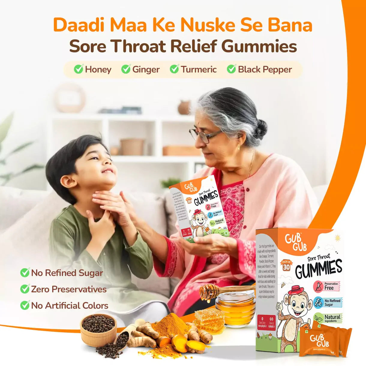 Gummies | Sore Throat Gummies-Fruit Gummy- All Natural Ingredients - No Added Preservatives &amp;amp; No Refined Sugar - GUB GUB  - Pack Of 30