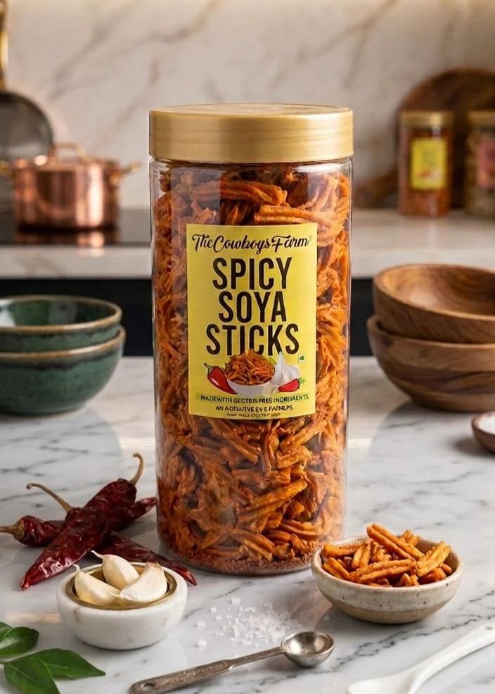 Soya Sticks | Spicy Soya Sticks-Gluten Free – No Preservative Free &amp; Chemical Free – The Cow Boys Farm – 350 gm