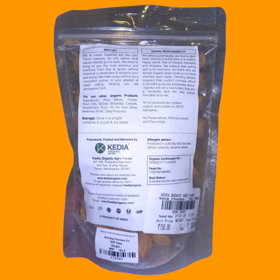 Soy Chunks | Big – Certified Organic – No Added Preservatives, Artificial Colors &amp;amp; No Added Flavors – Kedia Organic – 100gm