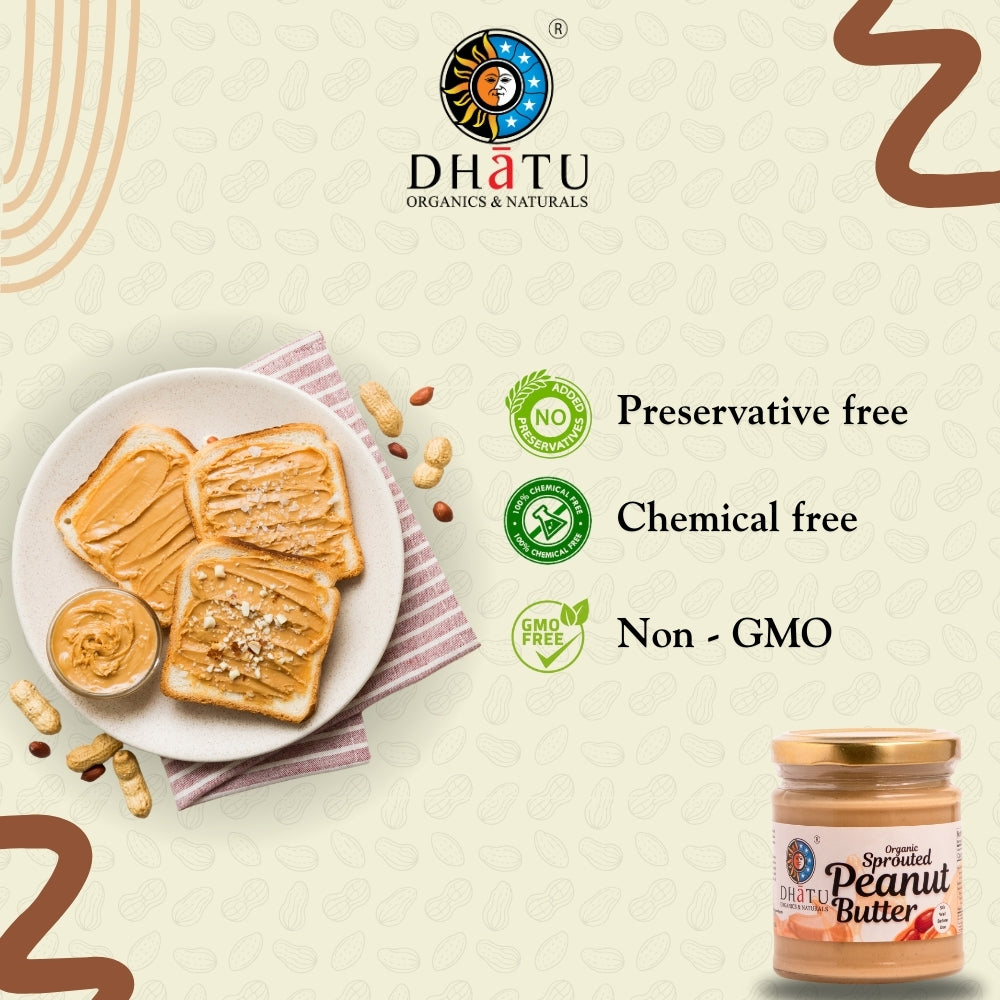 Peanut Butter | Sprouted - Naturally Gluten Free - No Added Hydrogenated Oil, Stabilizers, No Added Sugar Or No Salt - Dhatu Organic - 175gm