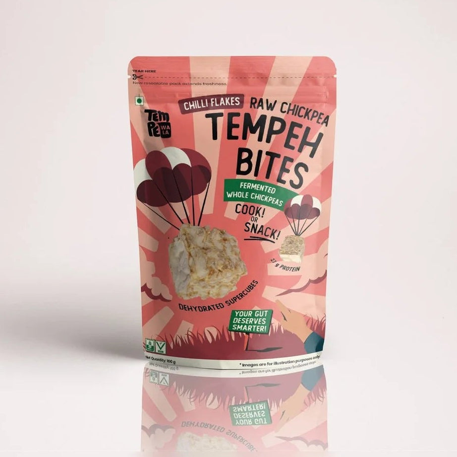 Tempeh Bites | Chickpea Tempeh Bites Chilli Flakes (27g Protein)- Dehydrated Supercubes, Fermented Whole Chickpeas (Raw Chickpea) -Vegan, Gluten Free - No Artificial Color , Soy-Free &amp; No Artificial Preservatives – Tempewala – 100gm