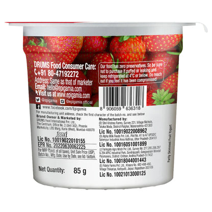 Yogurt | Greek Yogurt - Strawberry - 5g Protein - No Added Preservatives &amp; No Added Sugar - Epigamia - 85gm
