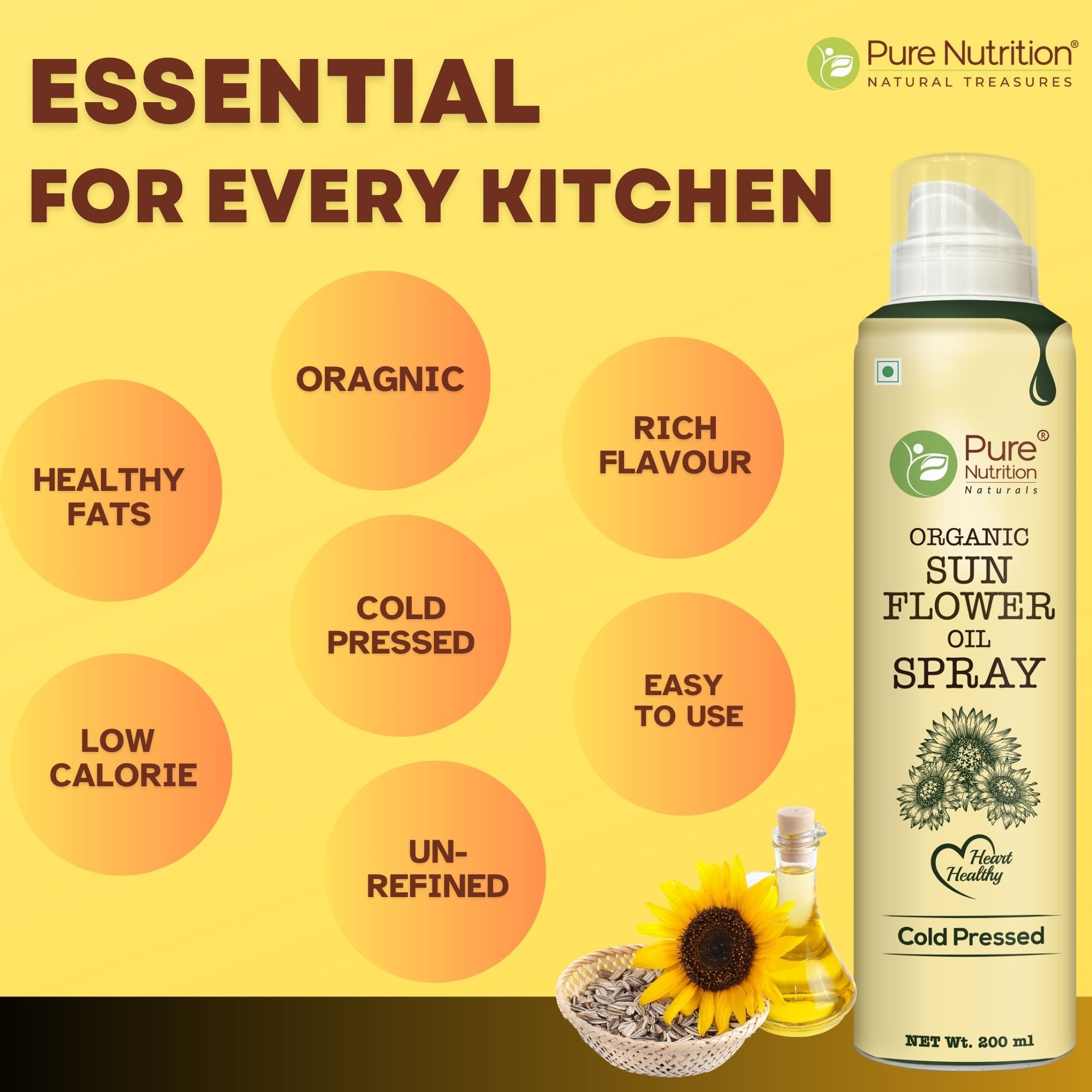 Sunflower Oil Cooking Spray | Pure, Healthy Cooking, Low Calorie Meals, Ideal for Frying - Organic – Cold Pressed – Pure Nutrition – 200ml
