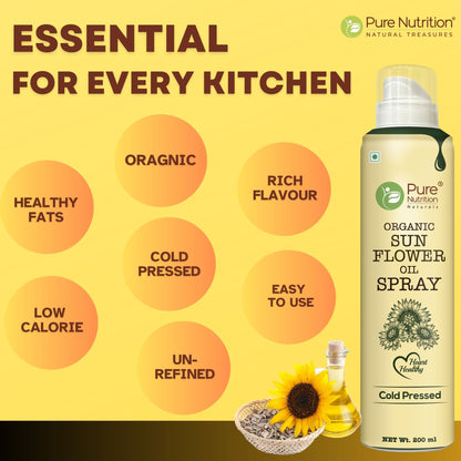 Sunflower Oil Cooking Spray | Pure, Healthy Cooking, Low Calorie Meals, Ideal for Frying - Organic – Cold Pressed – Pure Nutrition – 200ml