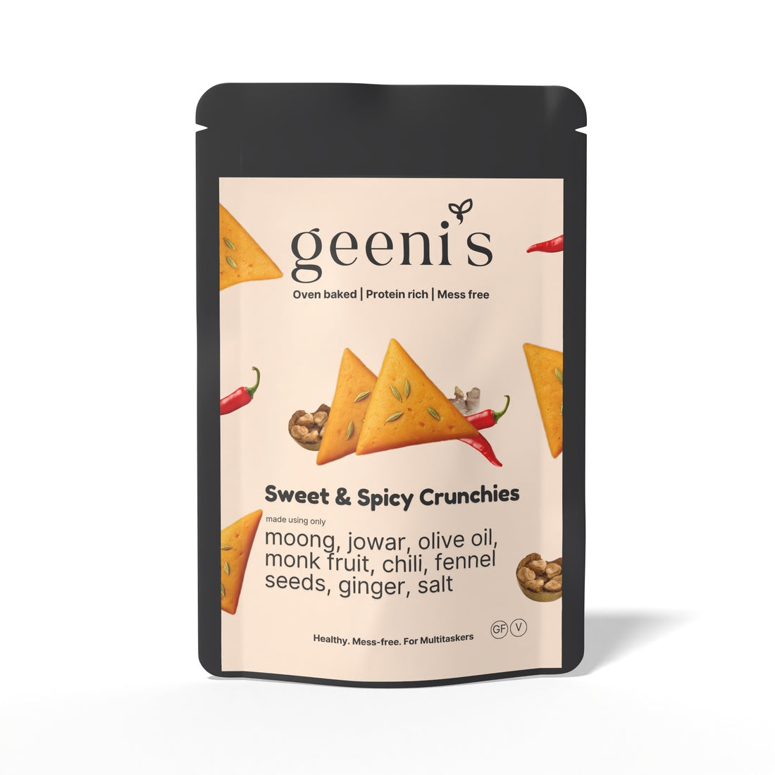 Crunchies | Sweet &amp; Spicy Crunchies - Oven Baked - Vegan, Gluten Free, High In Protein, Mess Free, No Preservatives, Additives &amp; No Added Artificial Ingredients - Geenis - 50gm
