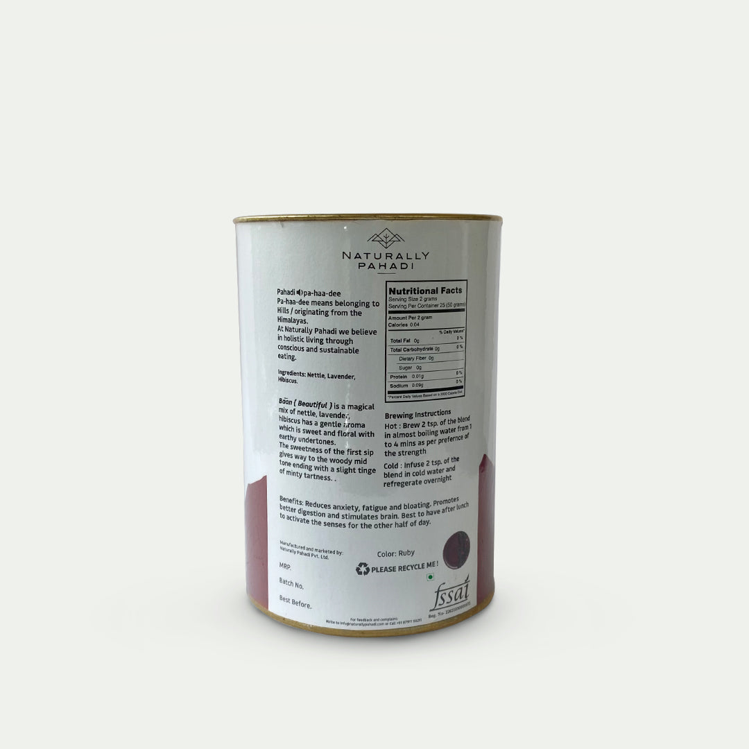 Tea | Baan - Floral Herbal Tea (A Perfect Blend Of Nettle Lavender &amp;amp; Hibiscus) - Promotes Digestion Reduce Anxiety And Simulates Mind - Naturally Grown - Sugar Free, Caffeine Free &amp;amp; Chemical Free - Naturally Pahadi - 50gm