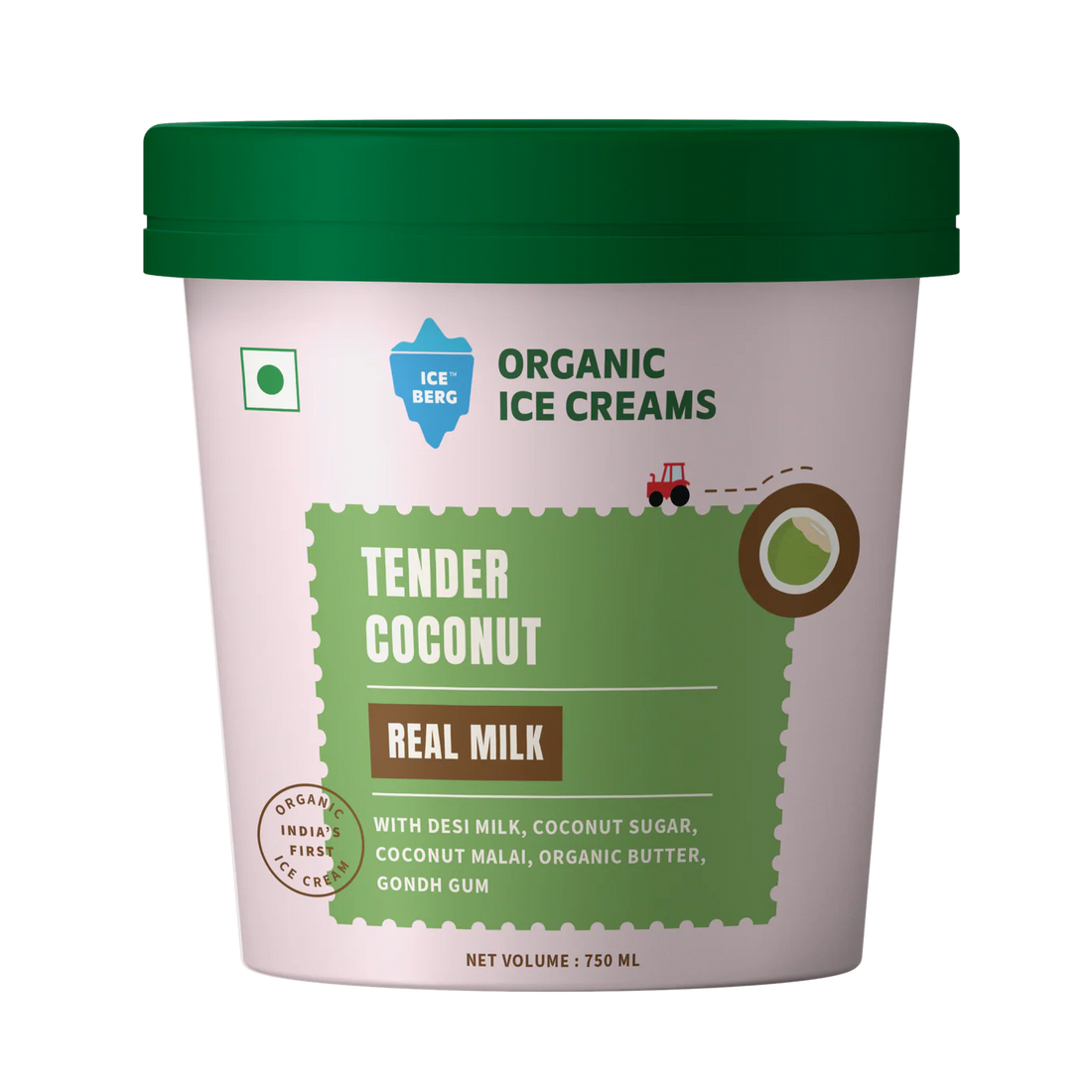 Ice Cream |Tender Coconut Ice Cream (Made From Real Milk, Gondh Gum, Organic Butter, Tender Coconut  ) - Churned with authentic &amp; Real Ingredients - Iceberg Organic Ice Cream - 750ml