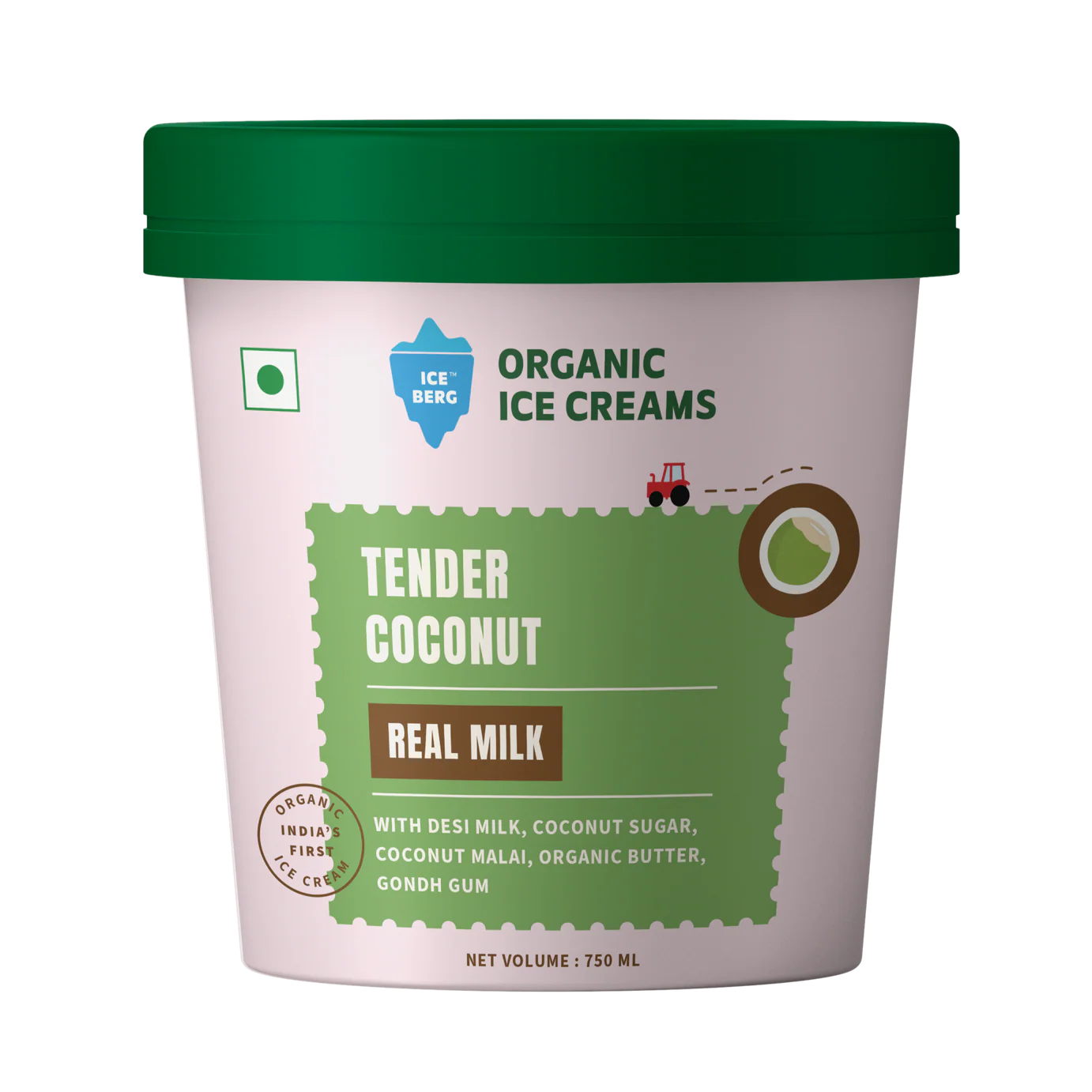 Ice Cream |Tender Coconut Ice Cream (Made From Real Milk, Gondh Gum, Organic Butter, Tender Coconut  ) - Churned with authentic &amp; Real Ingredients - Iceberg Organic Ice Cream - 750ml