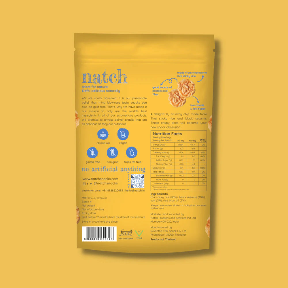 Chips | Thai Rice Chips (Sesame) - All Natural – Vegan, Gluten Free, Trans Fat Free, Non GMO & No Added Artificial Flavor – natch – 25gm