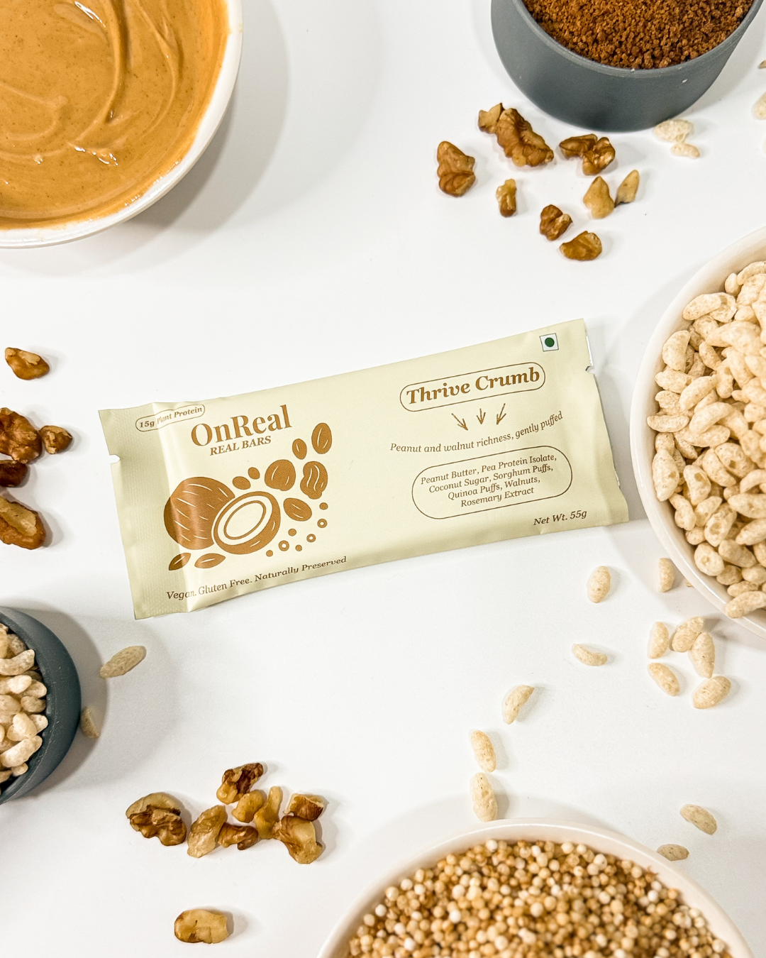 Bar | Thrive Crumb (Peanut And walnut richness) - 15g Plant Protein - Protein + Omega Boost  – Vegan, Gluten Free , Naturally Preserved – OnReal 55gm