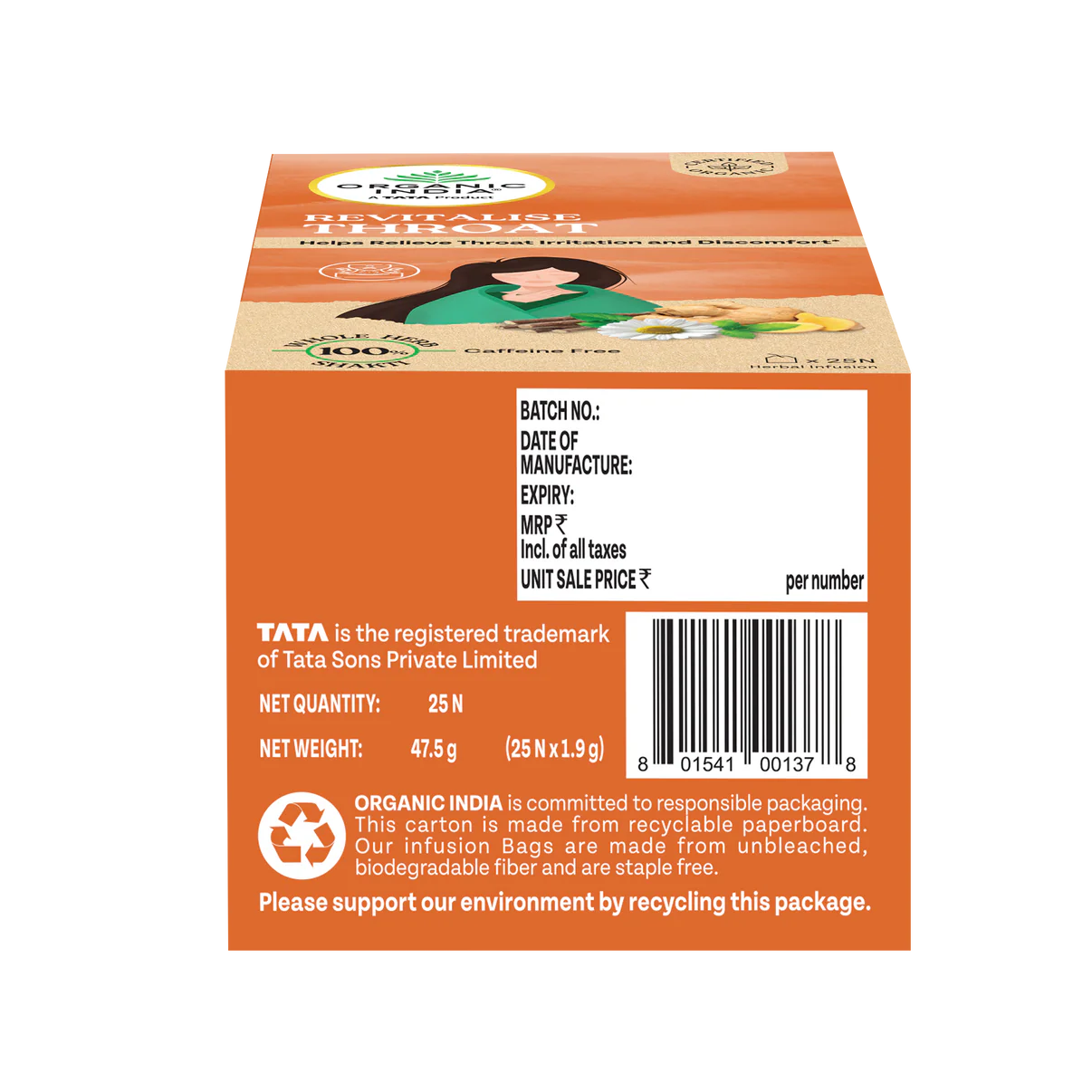 Tea| Revitalise Throat (Whole Herbs) - Relieve Throat Irritation &amp; Discomfort- 100% Plant Based  – Certified Organic - Caffeine free- Organic India-25 Tea Bag