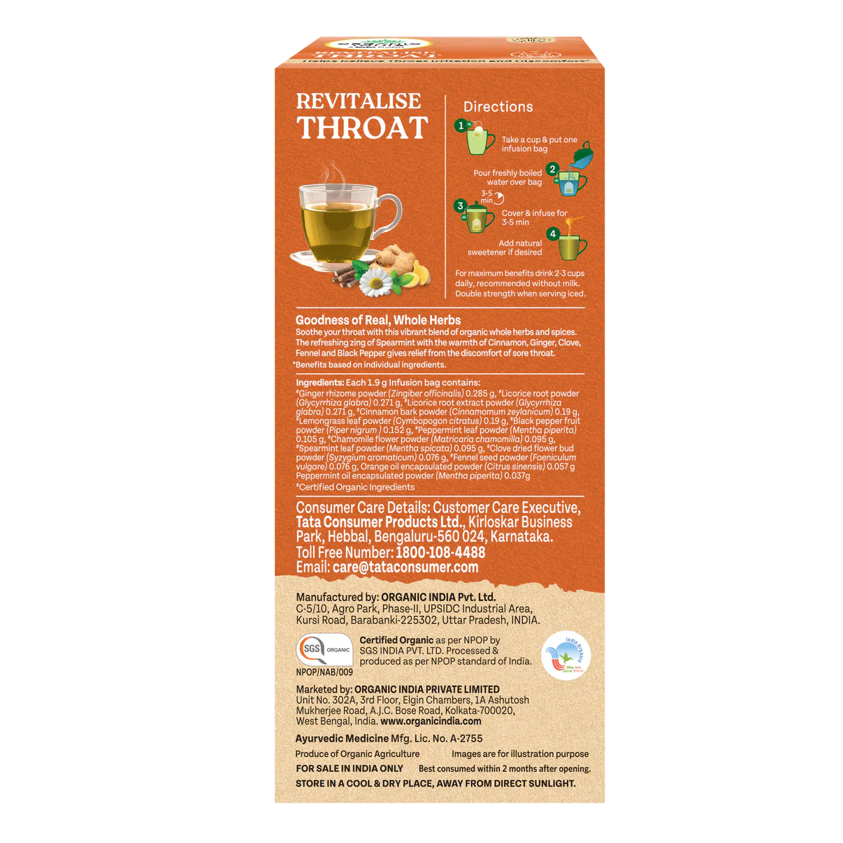 Tea| Revitalise Throat (Whole Herbs) - Relieve Throat Irritation &amp; Discomfort- 100% Plant Based  – Certified Organic - Caffeine free- Organic India-25 Tea Bag