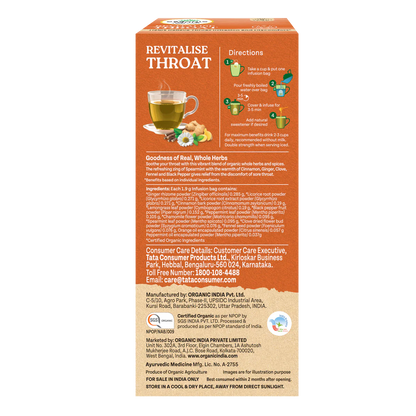 Tea| Revitalise Throat (Whole Herbs) - Relieve Throat Irritation &amp; Discomfort- 100% Plant Based  – Certified Organic - Caffeine free- Organic India-25 Tea Bag