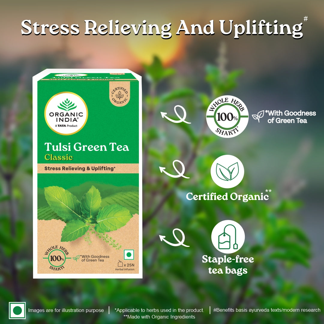 Tulsi Green Tea - Classic – Certified Organic - Stress Relieving &amp; Uplifting - Organic India – 100gm