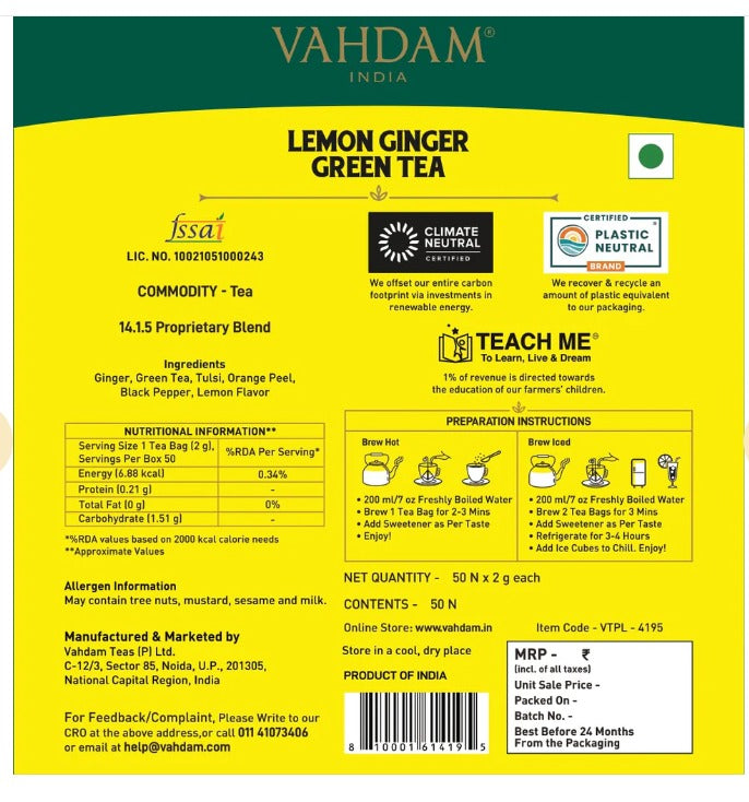 Lemon Ginger Green Tea - Vahdam - 15Tea Bags