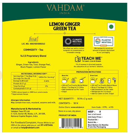 Lemon Ginger Green Tea - Vahdam - 15Tea Bags