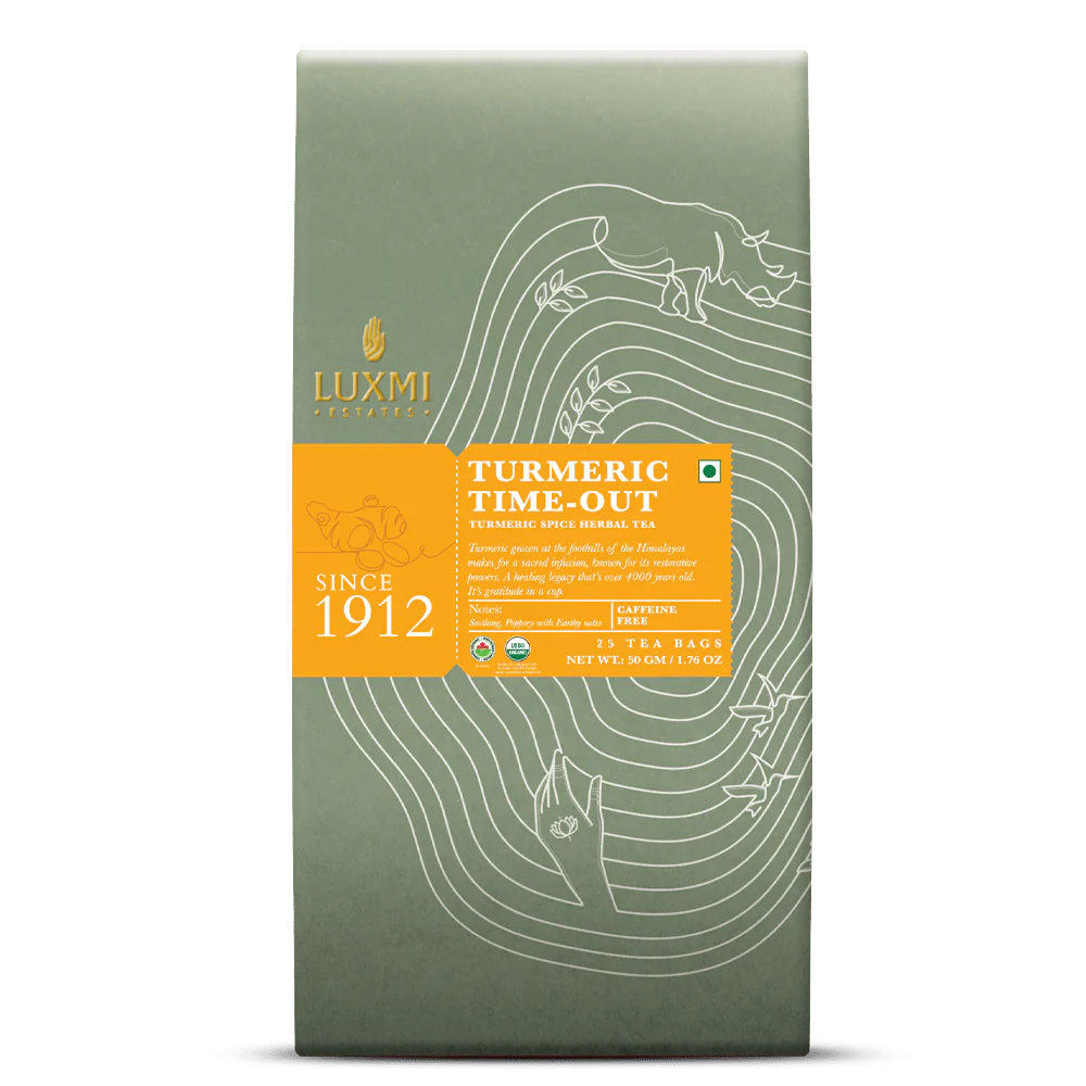 Tea | Turmeric Time Out - Turmeric Spice Herbal Tea - USDA Organic - Caffeine Free - Soothing, Peppery WIh Earthy Notes - Luxmi Estates - 25 Tea Bags
