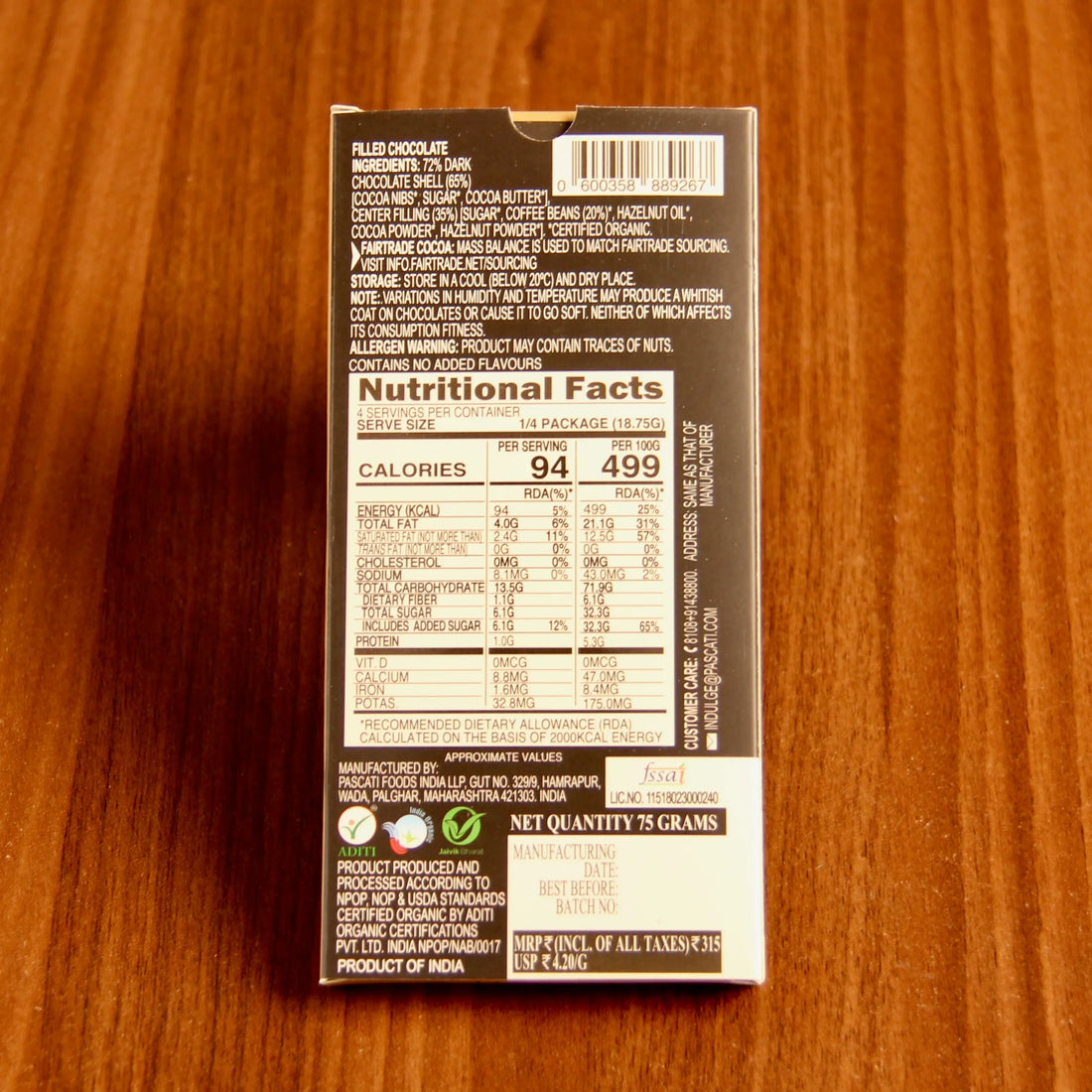 Dark Chocolate | Espresso Arabica Chocolate - USDA Organic - Vegan &amp; Gluten Free – Pascati – 75gm