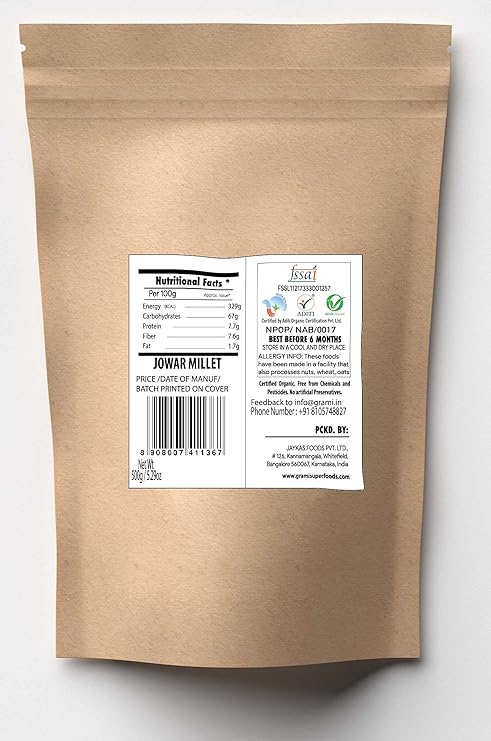 Jowar | Millet Grain - Sorghum - Jola - Jonna - Cholam USDA Organic - Gmo Free - Grami Superfoods - 500gm