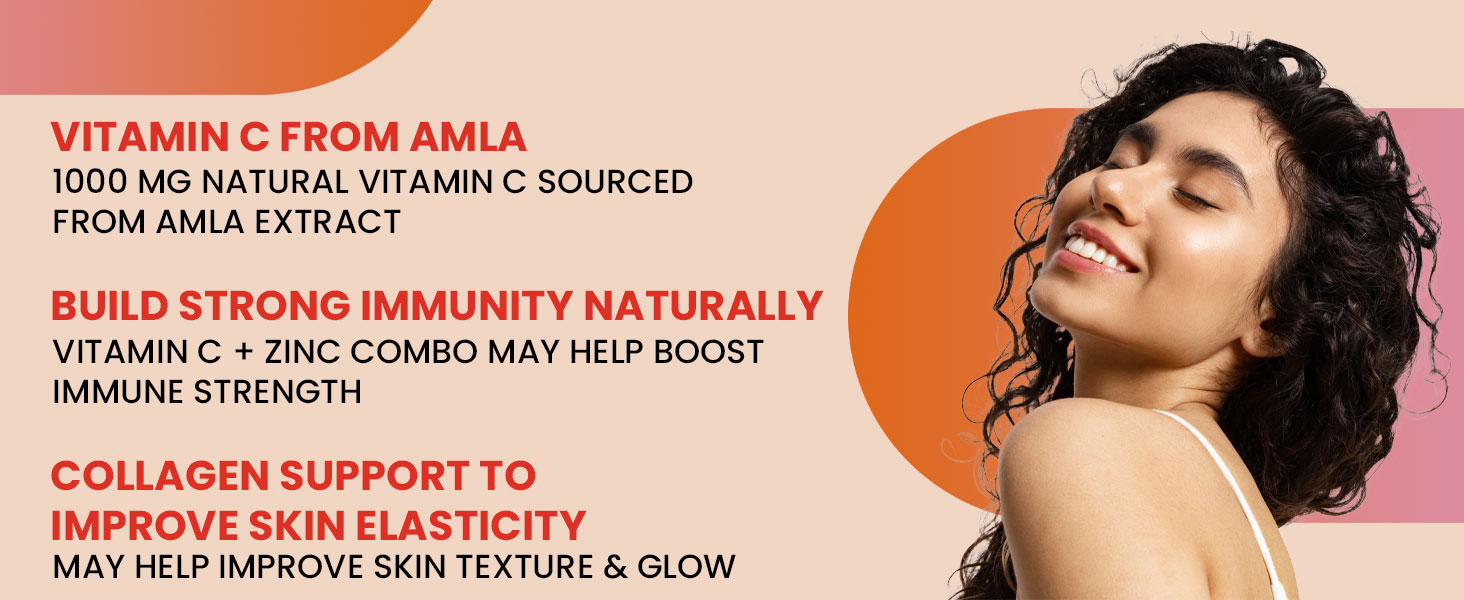 Natural Vitamin C from Amla with Zinc (1000 mg + Zinc )- Support Healthy Skin &amp; Immunity - Carbamide Forte -60 Tablets