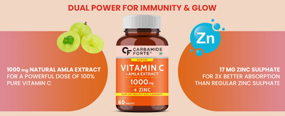 Natural Vitamin C from Amla with Zinc (1000 mg + Zinc )- Support Healthy Skin &amp; Immunity - Carbamide Forte -60 Tablets
