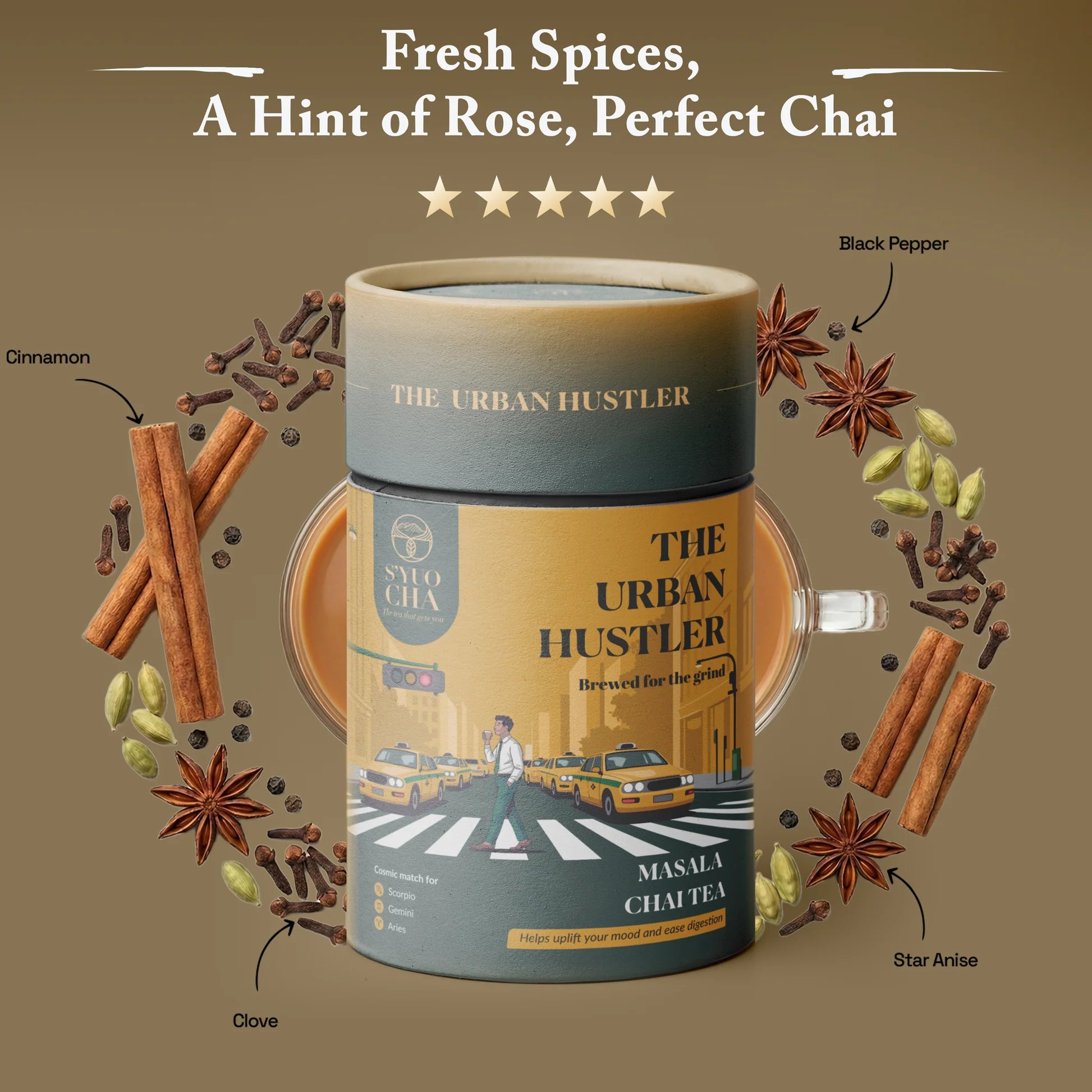Tea |The Urban Hustler - Masala Chai Tea (Rose Masala Chai Tea for Improved Digestion)-No Side Effects-No Artificial Coloring- No Added Preservatives - Syuo Cha - 100gm