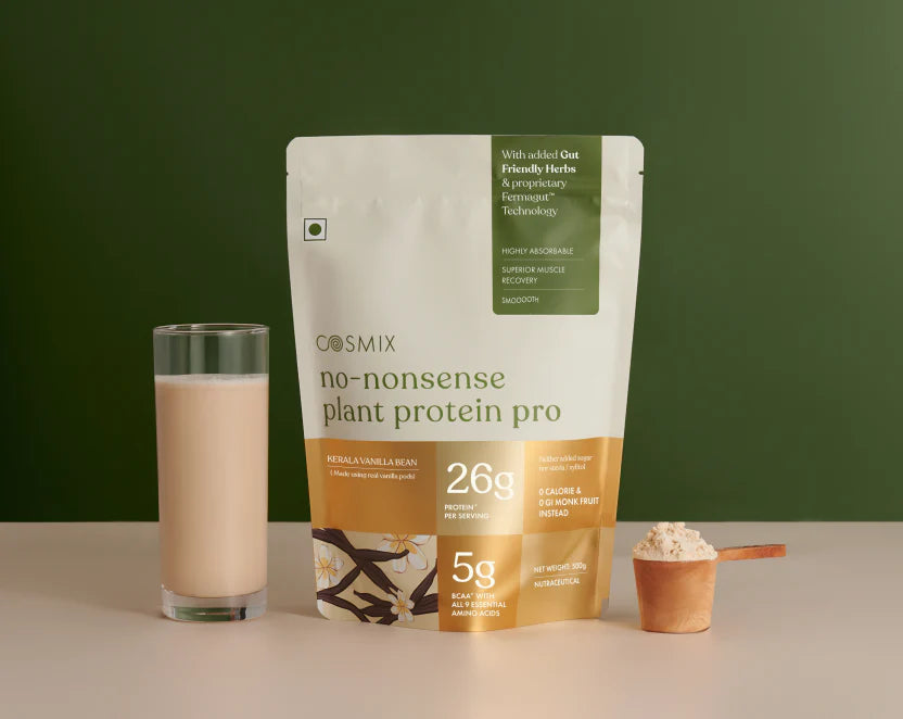 Protein Powder | Plant Protein - No Nonsense - Real Kerala Vanilla Bean Pro - 26gm Protein Per Serving – Vegan, Gluten Free, Soy Free, No Trans Fat, No Added Sugar, Gums, Enzymes &amp;amp; No Added Artificial Flavours – Cosmix – 500gm