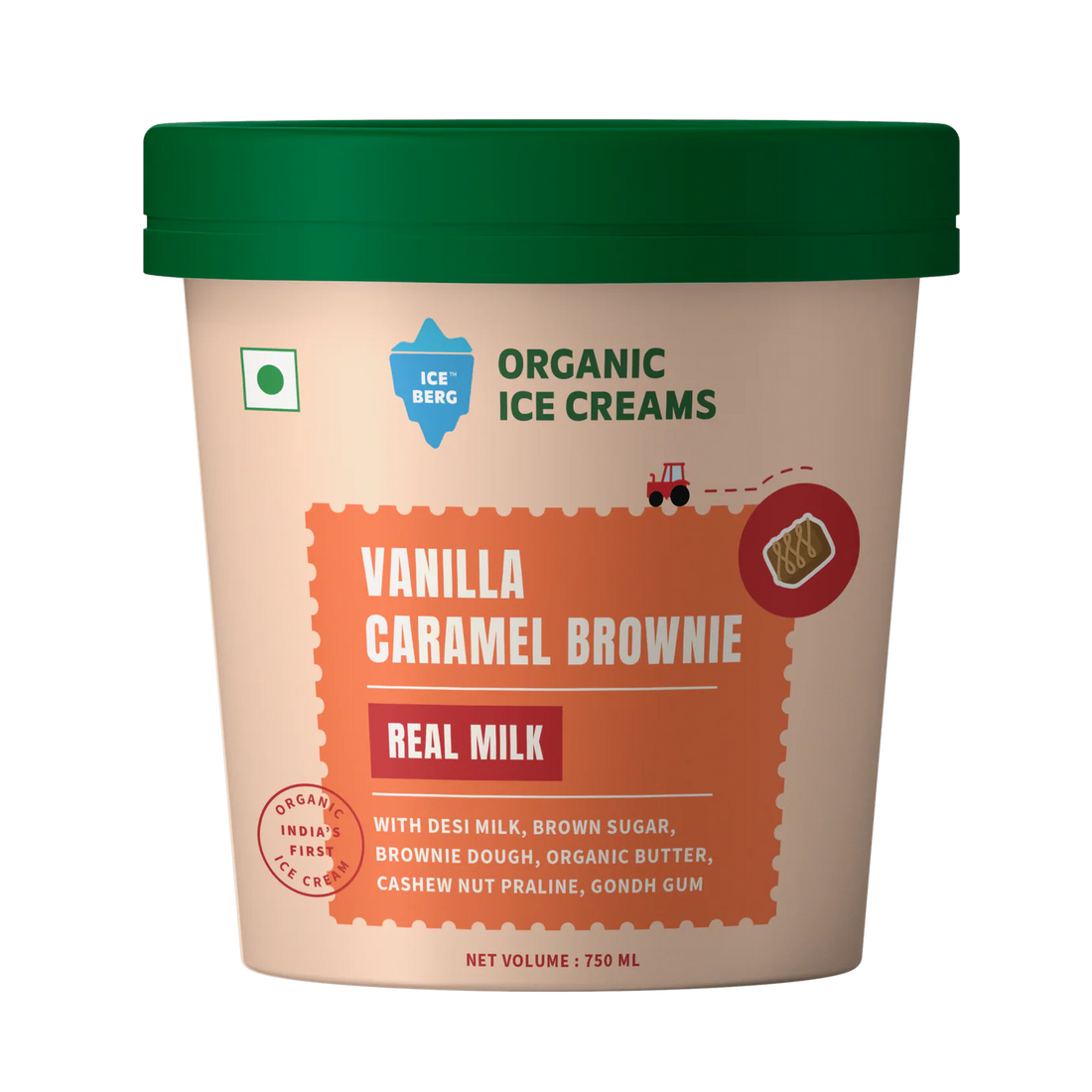 Ice Cream | Vanilla Caramel Brownie Ice Cream (Made From Real Milk, Gondh Gum, Organic Butter, Vanilla Caramel Brownie ) - Churned with Authentic &amp; Real Ingredients - Iceberg Organic Ice Cream - 750ml