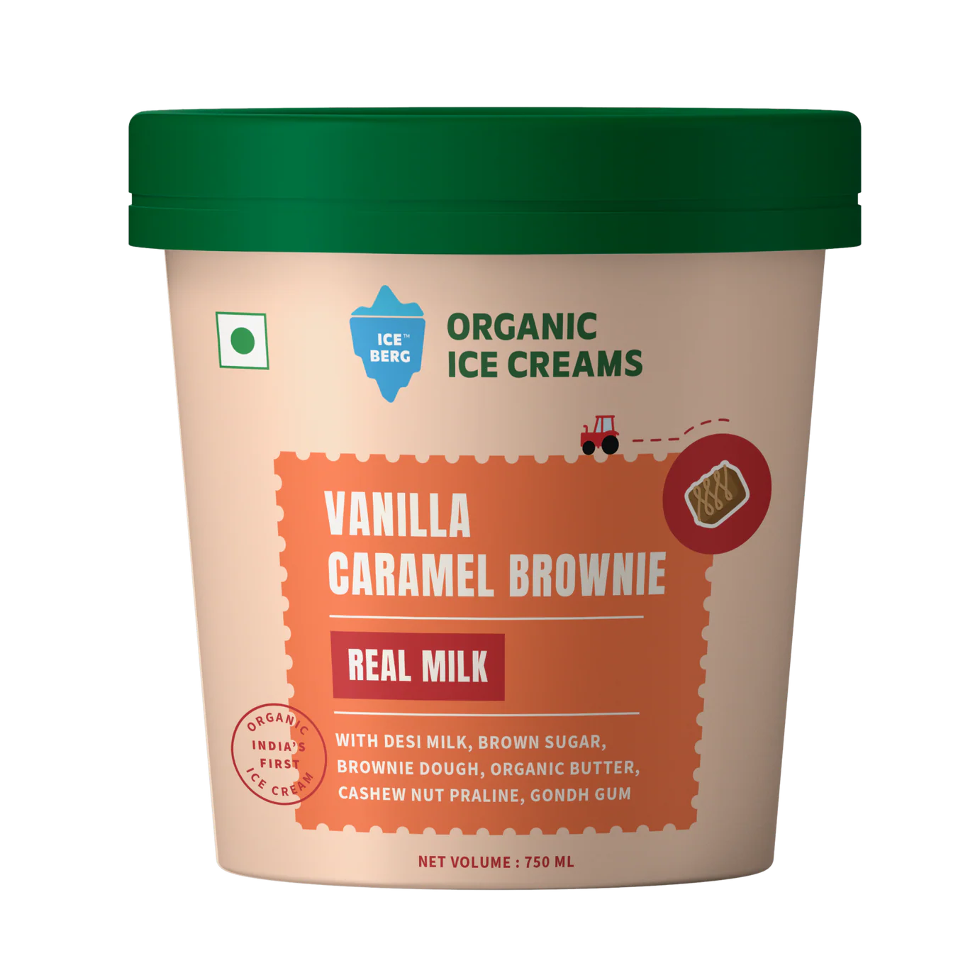 Ice Cream | Vanilla Caramel Brownie Ice Cream (Made From Real Milk, Gondh Gum, Organic Butter, Vanilla Caramel Brownie ) - Churned with Authentic &amp; Real Ingredients - Iceberg Organic Ice Cream - 750ml